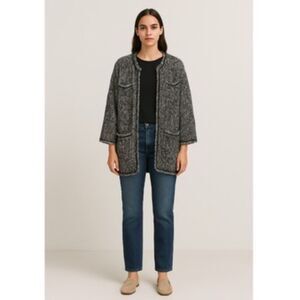 Zara Knit Black White Boucle Open Front Longline Cardigan Coat Jacket Sz L
